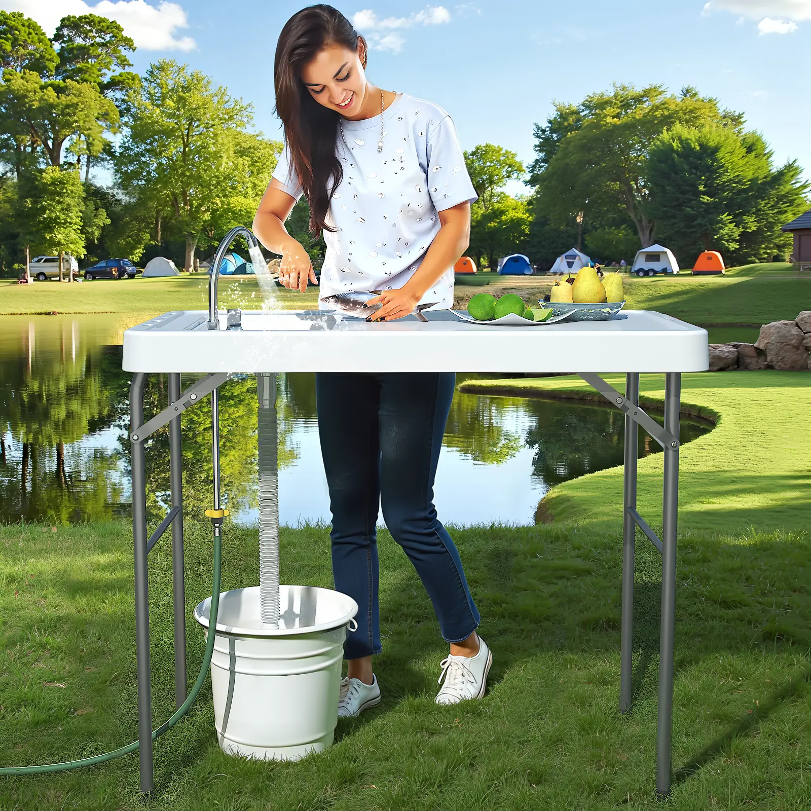 42.5" Foldable Plastic Lightweight Outdoor Fish Cleaning Table with Sink, Measure Mark & Hose Hookup, 650lb Capacity Folding Station for Dock, Patio Use, Foldable Table