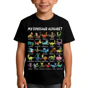 Summer New Stylish Boys' T-Shirt Featuring a Cartoon Dinosaur Print with The Words 'My DINOSAUR ALPHABET'