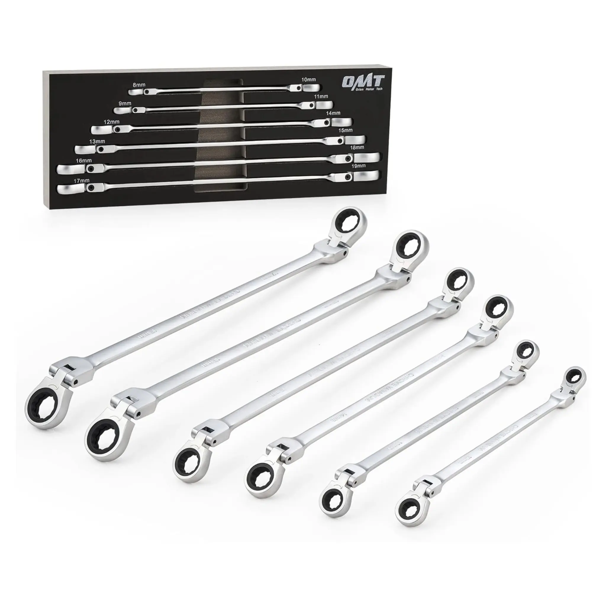 Orion Motor Tech 6-Piece Ratcheting Wrench Set, Metric 8mm - 19mm Extra Long Gear Multi-Purpose Ratchet Wrench Extra Long Ratchet Wrench Set with 72 Tooth Gear & Double Box End, 8mm 9mm 10mm 11mm 12mm 13mm 14mm 15mm 16mm 17mm 18mm 19mm