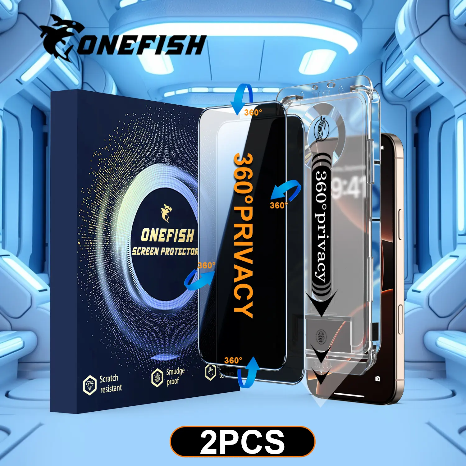 [2 PCS]ONEFISH  360° FULL Privacy Screen Protector [4 Sides Privacy]. Screen film for iPhone 17/16/15/14/13  [LEFT, RIGHT, UP, DOWN], Strong Protection, Anti-Spy, Electroplated Layer, Full screen covering (Headset Cover), Fingerprint- Proof.