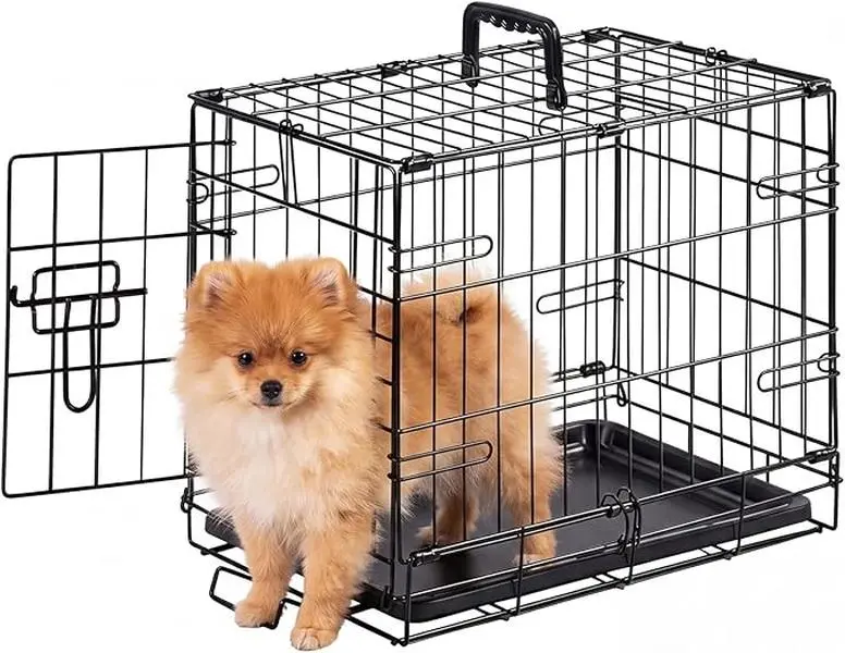 18 Inch Single Door Dog Crate Heavy-Duty Iron Pet Kennel Secure Lock Anti-Escape Design Foldable Portable Pet Cage Removable Cleaning Tray Non-Slip Base Indoor Outdoor Travel Training Pet Crate for Small Dogs Cats