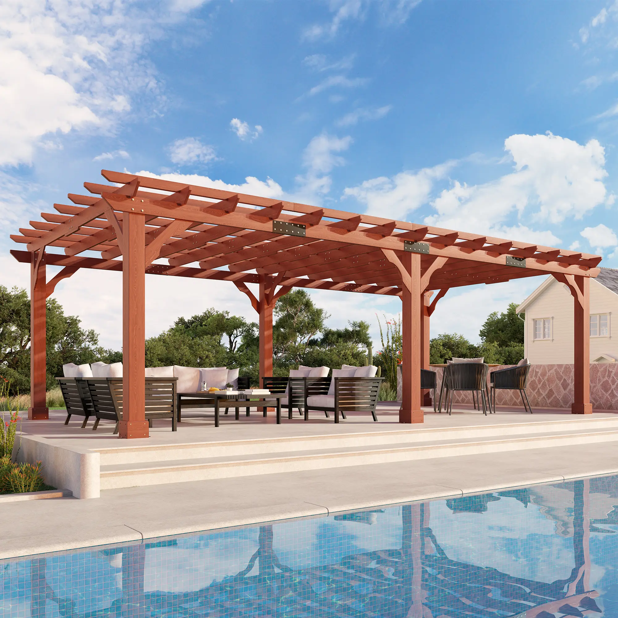 [Ships in 5 Boxes] [Summerwins] AMERLIFE Premium Cedar Wood Pergola with Trellis Roof & Weather-Resistant Support, Outdoor Pergola Kit with Stakes, Garden Gazebo for Patio, Backyard & Events, Reddish-Brown