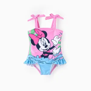 Disney Minnie Mouse Girls One Piece Swimsuit Pink Water Splash Print Ruffle Hem Quick Dry Sun Protective Fabric Official Character Swimwear for Toddlers Little Girls