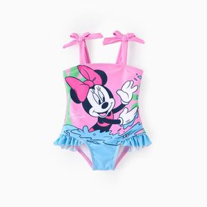 Disney Minnie Mouse Girls One Piece Swimsuit Pink Water Splash Print Ruffle Hem Quick Dry Sun Protective Fabric Official Character Swimwear for Toddlers Little Girls