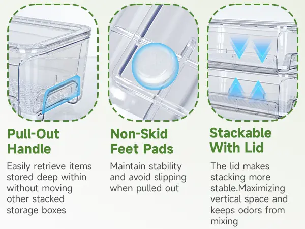 Stackable pull-out fridge organizer bins neatly arranged in a refrigerator