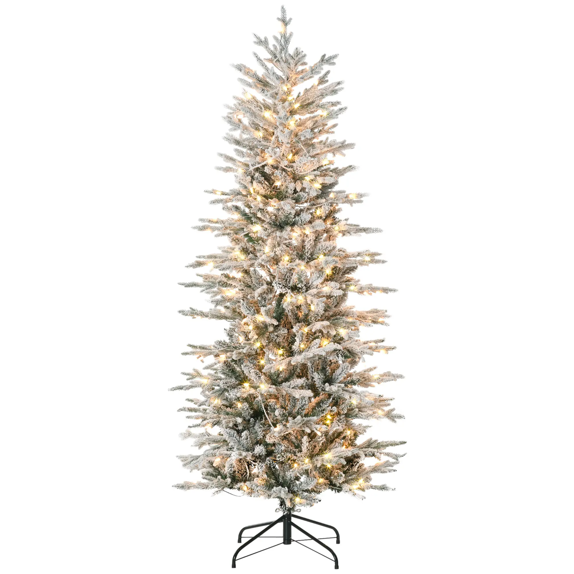 HOMCOM 6ft/7.5ft Tall Prelit Artificial Christmas Tree Holiday Décor with 636 Snow Flocked Branches, 250 Warm Yellow Clear Lights, Auto Open, Extra Bulb