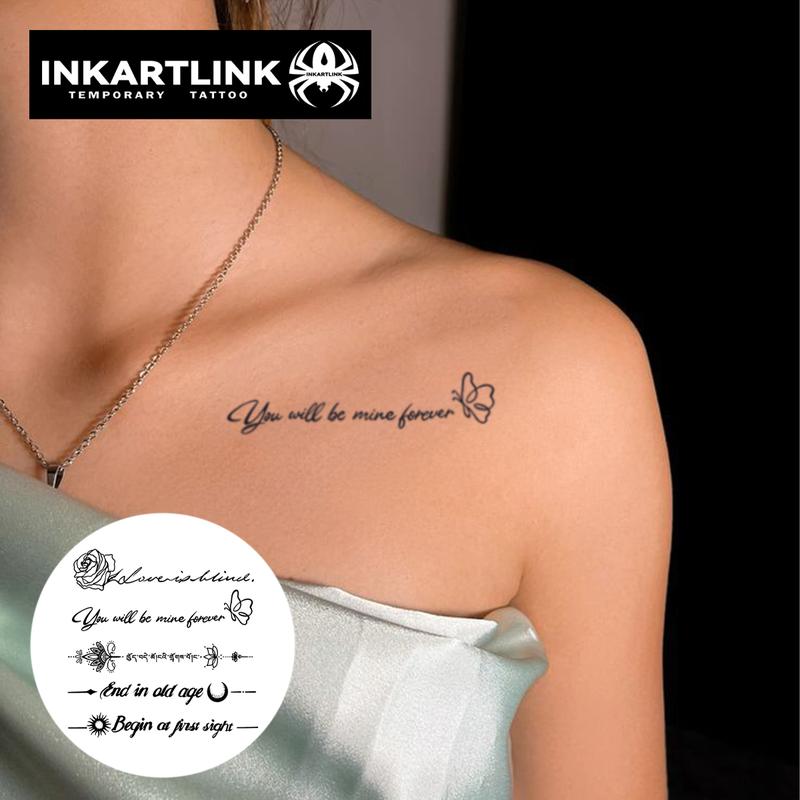 INKARTLINK Tattoo Tech, 2 Sheets Extra-Large Semi Permanent Tattoo, Adult Art Design Temporary Tattoos, Lasts 1-2 Weeks, Waterproof, Realistic Look, No Adhesive, No Reflection (Flower Quotes Design)