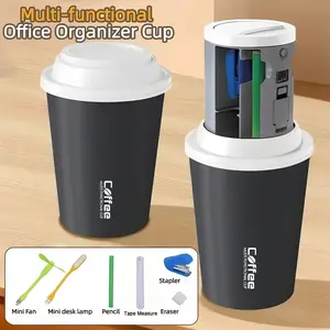 6-in-1 Multifunctional Desk Organizer: Pencil Holder + Stapler + Mini Fan + LED Lamp, Press to Rise, USB Rechargeable, Long-Lasting Battery for Office Home Holiday Gift