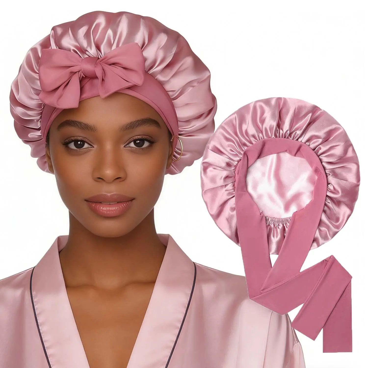 Satin Bonnet for Sleeping Cap Double Layer Large Hair Bonnet with Elastic Tie Band for Curly Hair Night Cap ( Pink) school gift Men's Silk Sleeping Bonnet satin adjustable strap Layer Satin Bonnet
