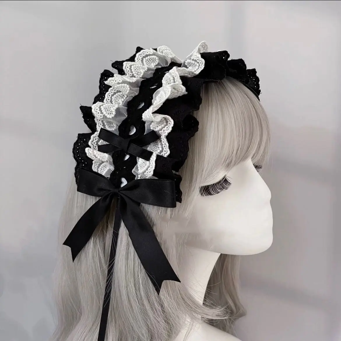 Dark Gothic Lolita Fashion Headband, Black and White Lace Hair Bow Headband, Japanese-Style Sweet Hair Accessory, Hair Bow Headbands