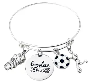 Live Love Soccer Charm Bracelet, Adjustable Silver Bangle with Soccer Ball and Cleat, Sports Jewelry Gift for Girls