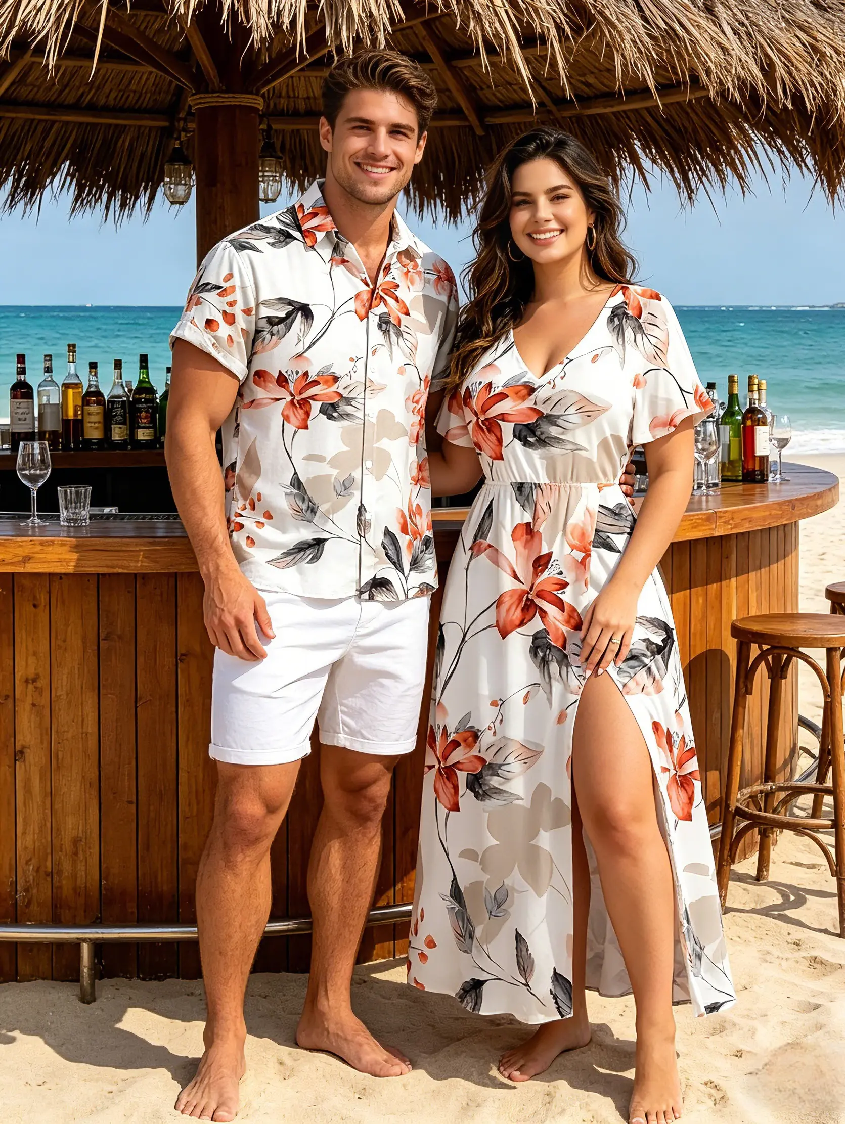 2026 His & Hers Bohemian Couple Outfits Set (Dress+Shirt) - High Waisted Boho Holiday Casual, Women's Fitted V Neck Floral Watercolor Leaf Print Slit Midi Dress, Men's Regular Comfortable Polyester Short Sleeve Button-Up Shirt, His & Hers Set