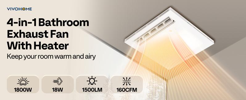 VIVOHOME Bathroom Exhaust Fan with 1800W PTC Heater, Humidity Sensor & LED Light, Ceiling Mount Ventilation Fan, 160 CFM DC Motor, 3 Color Temperatures, Remote Control, Oscillating Louver VIVOHOME Bathroom Exhaust Fan with 1800W PTC Heater, Humidity Sensor & LED Light, Ceiling Mount Ventilation Fan, 160 CFM DC Motor, 3 Color Temperatures, Remote Control, Oscillating Louver