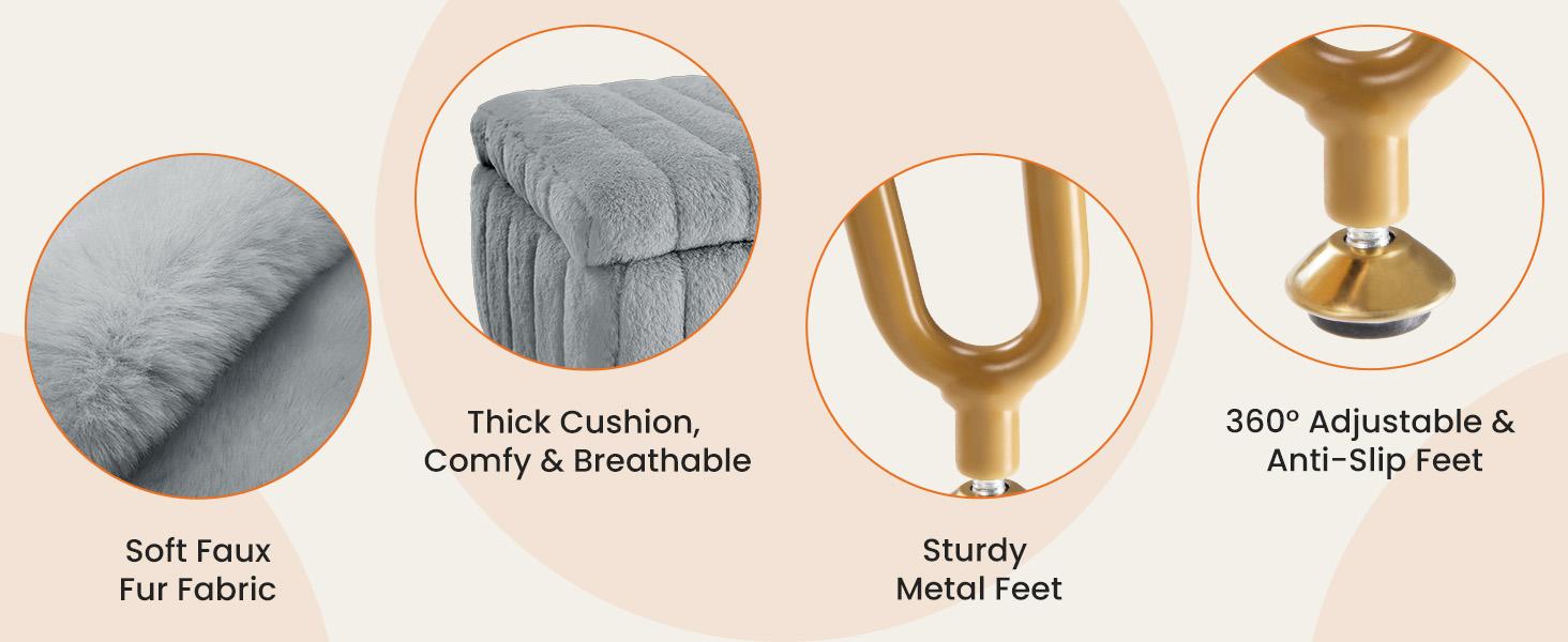 HomeSquad Vanity Stool Chair with Storage, Ottoman Faux Fur Soft Padded Makeup Footstools Seat with 4 Metal Legs Anti-Slip Adjustable Feet Modern Cute Small Footrest for Home Entryway Bedroom