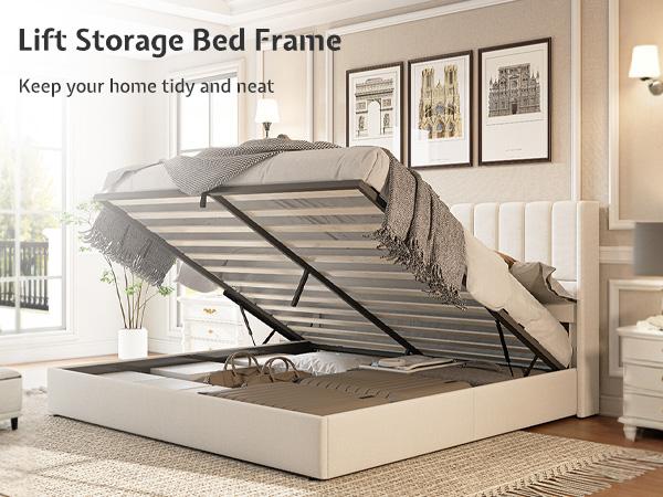AMERLIFE Lift Up Storage Bed Frame, Linen Upholstered Platform Bed with Vertical Channel Tufted Headboard and Wingback, Hydraulic System, No Box Spring Needed, Wood Slats Support/Best Gift Ideas/Christmas Gifts