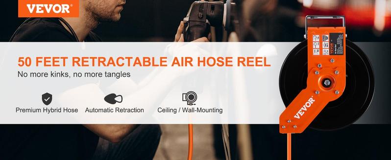 VEVOR Retractable Air Hose Reel, TikTokShopBlackFriday, Max. 100 FT, 300 PSI Hybrid Air Hose , Air Compressor Hose Reel with 5 ft Lead in, Ceiling / Wall Mount Heavy Duty Single Arm Steel Reel VEVOR Super Brand Day