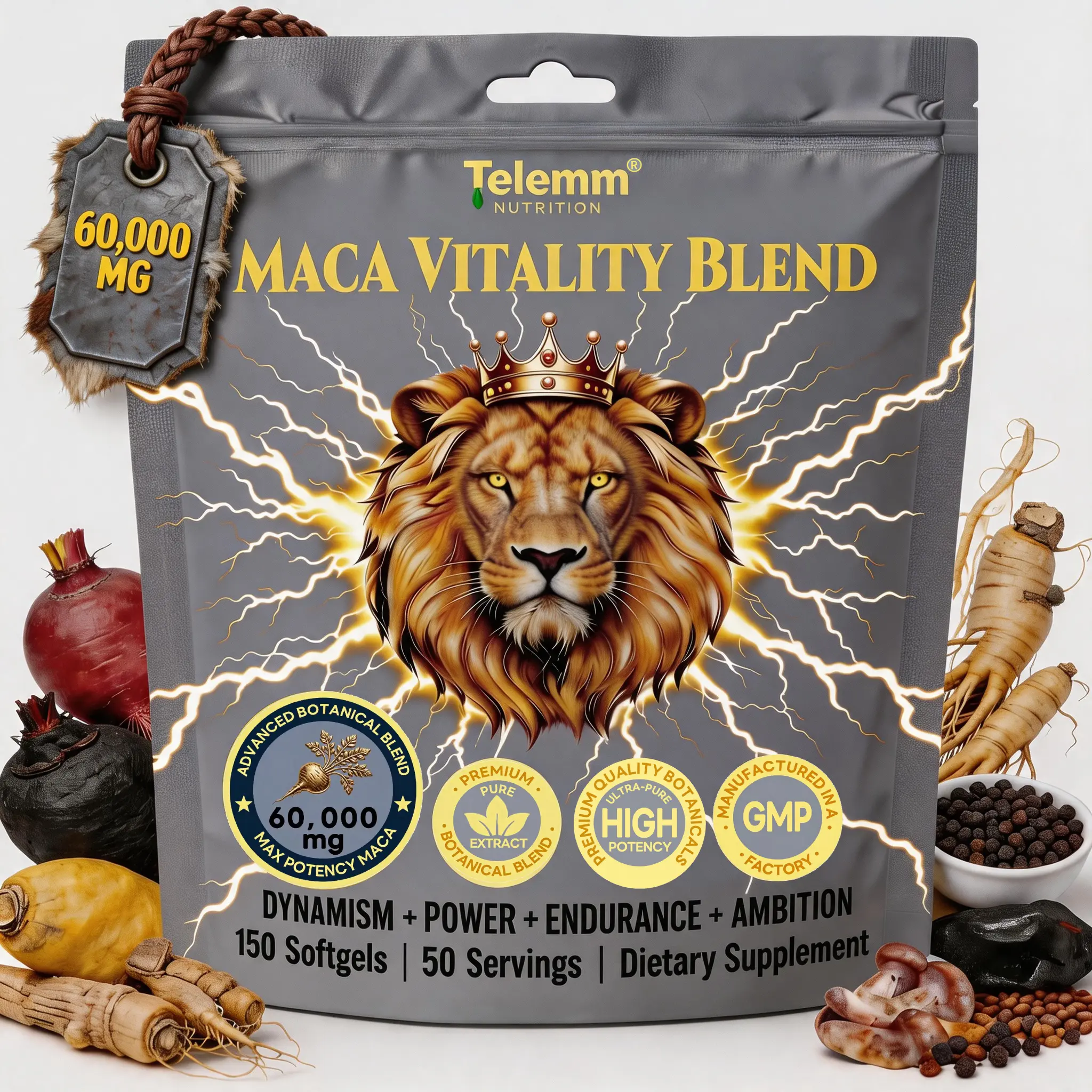 Telemm  Everyday Plant Maca Softgels,60000mg Natural Root Extract Formula,Balanced Botanical Nutritional Supplement,Caffeine-Free Gentle Daily Body Care for Adults,150 Softgels 50-Day Serving,Pure Non-Allergen GMP Formula