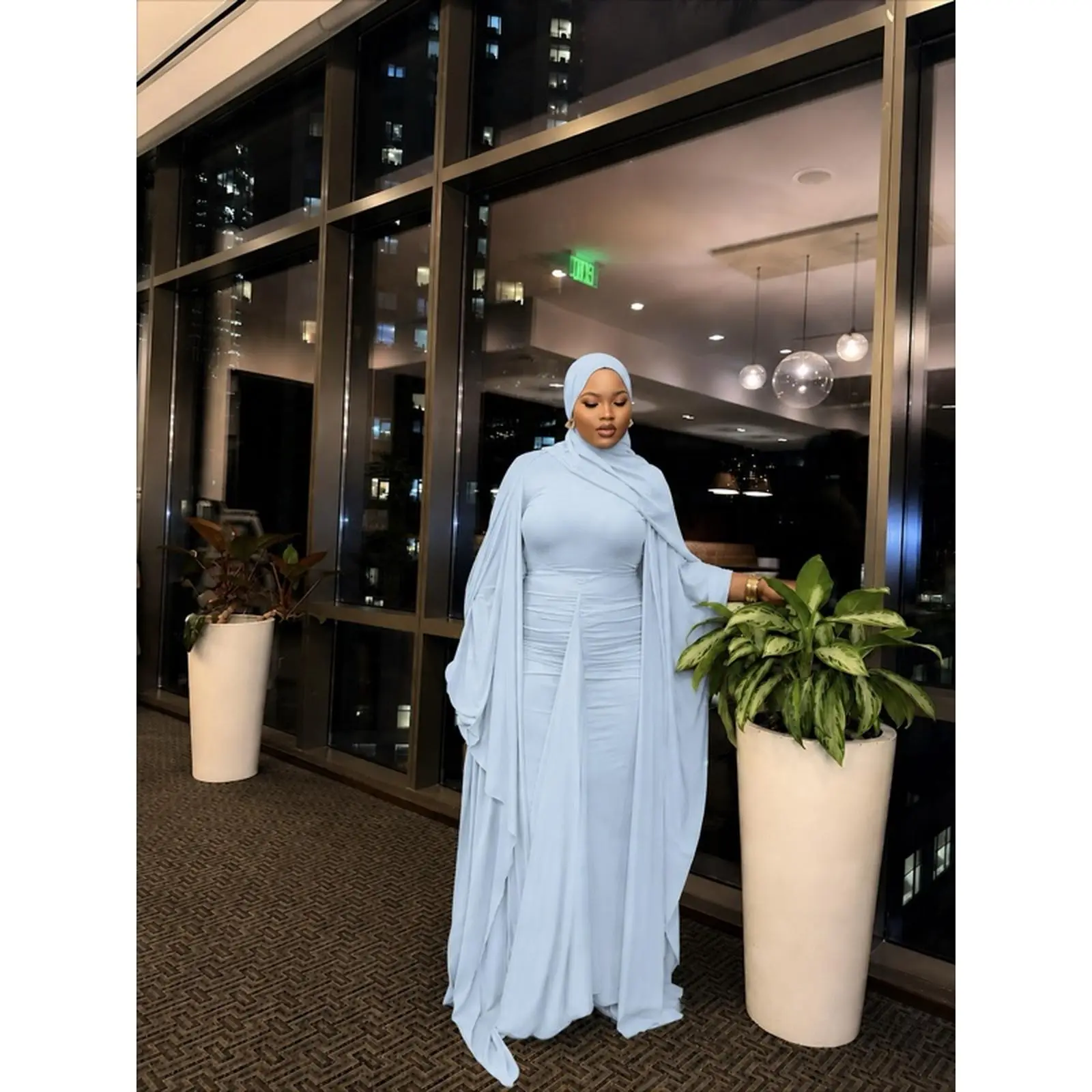 Elegant Open Abaya Two-Piece Dress with Under Dress & Scarf Flowy Style for Special Occasions S M L XL