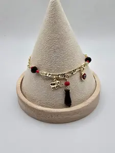 Gold Plated 14k Women's Bracelet with Azabaches 7.5 Inches Waterproof Elegant Design for Daily Use with Extension Clasp