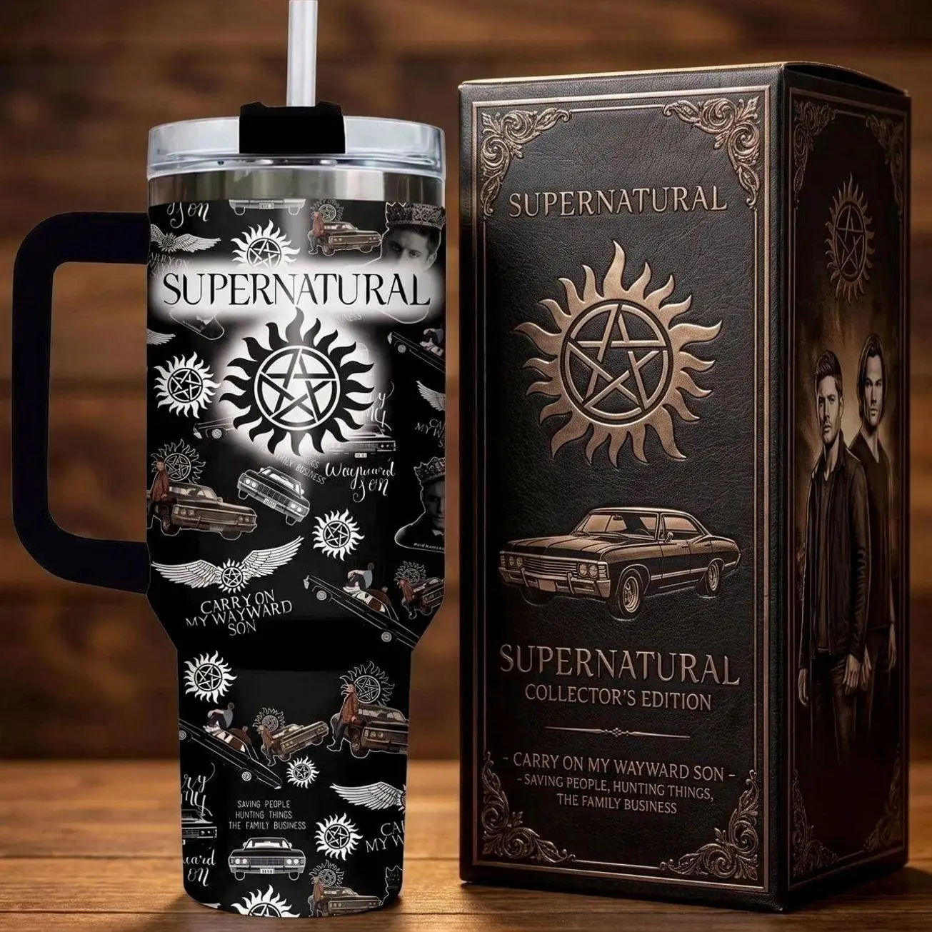 Supernatural TV Show Tumbler with Handle, 40oz Insulated Stainless Steel Travel Mug with Straw, Anti Possession Symbol Dean Sam Winchester Impala Car Cup, Carry On My Wayward Son Saving People Hunting Things Gift Idea for TV Fans