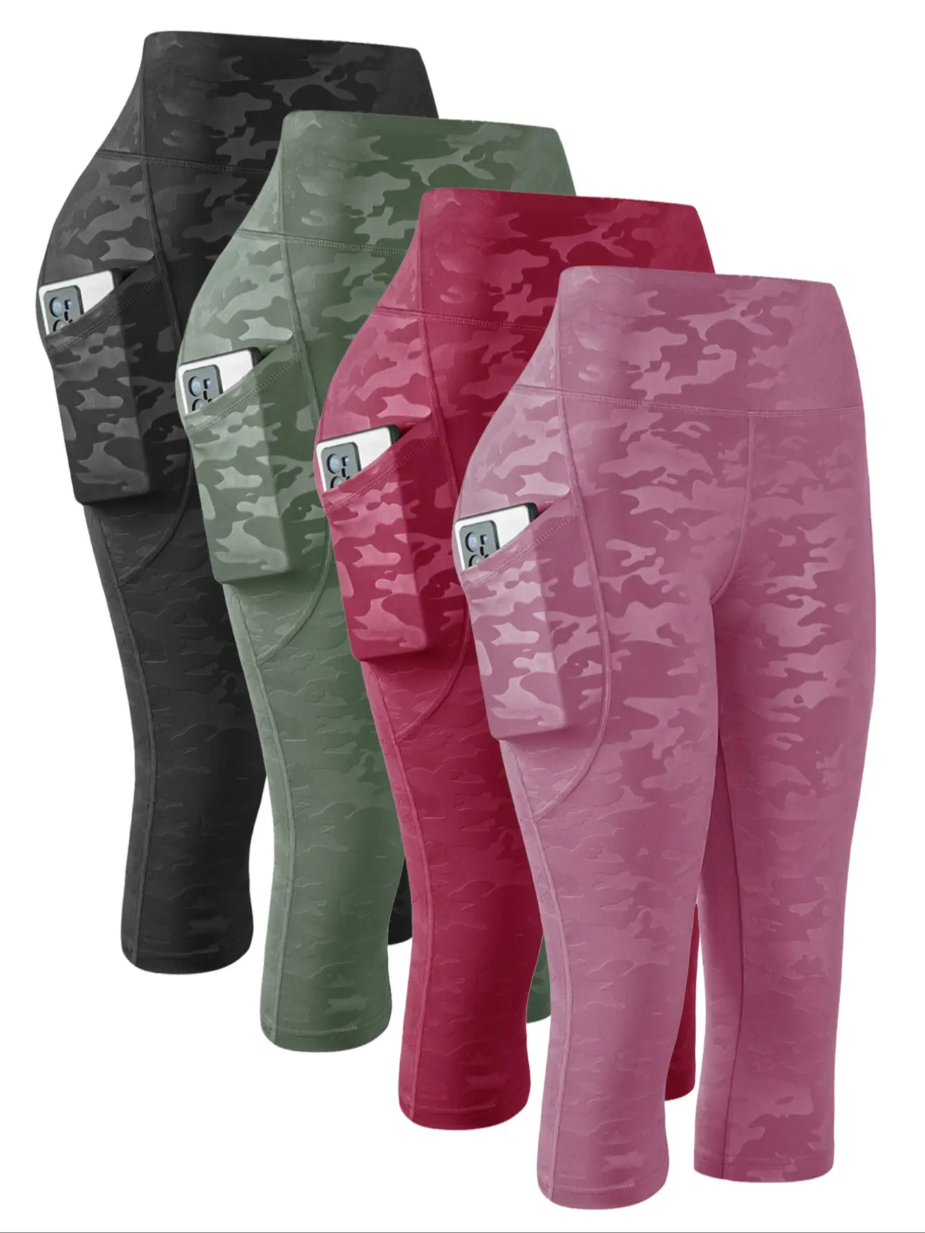 4PCS Women's High-Waisted Camo Yoga Pants with Pockets, Sporty Tight-Fit Gym Leggings, Stretchy Soft Leggings, Activewear Bottoms, Gym Sportswear Bottoms, Soft Comfortable All-Season Activewear, Fitness Clothes, Workout Clothes Women