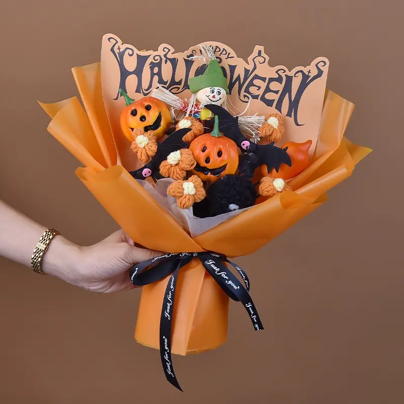 Cute Halloween Crochet Bouquet, Handmade Yarn Flower Arrangement with Ghost Pumpkin Decoration, Kawaii Fall Decor for Home Room Table, Unique Holiday Gift for Her, Halloween Party Decoration