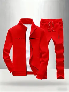 Men's Two-piece Casual Sports Suit | Comfortable Zip-up Jacket and Sweatpants with "PARIS" Letters and Red/black Stripes for Stylish Options for Halloween, Christmas, Thanksgiving, Valentine's Day and Gifts | Regular Version, Lapel