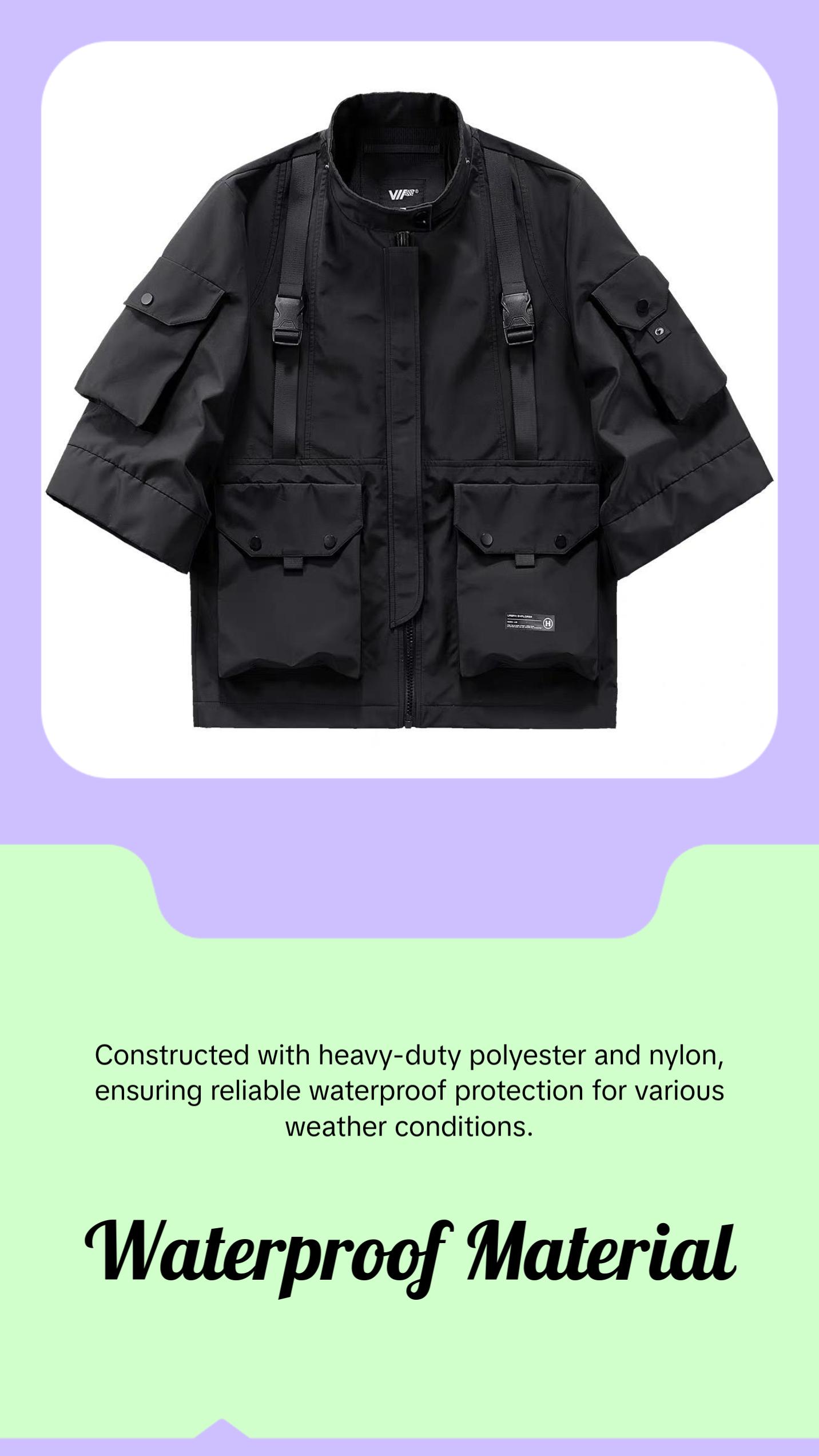 Ibj169 Niepce Black Techwear Fashion Short Sleeves Jacket with Hoodie