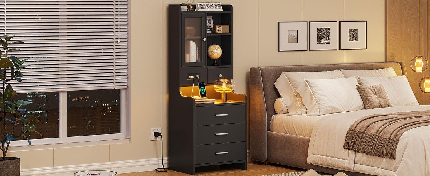 Sikaic LED Tall Nightstand Side Table with Charging Station Drawers Shelves Glass Door Storage Usb Ports Rgb Light Strips