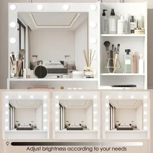 Vanity Desk With Mirror & Light, Large Drawer Three Level Storage Dresser, 3 Lighting Modes Adjustable Brightness, Bedroom Dressing Table(white)