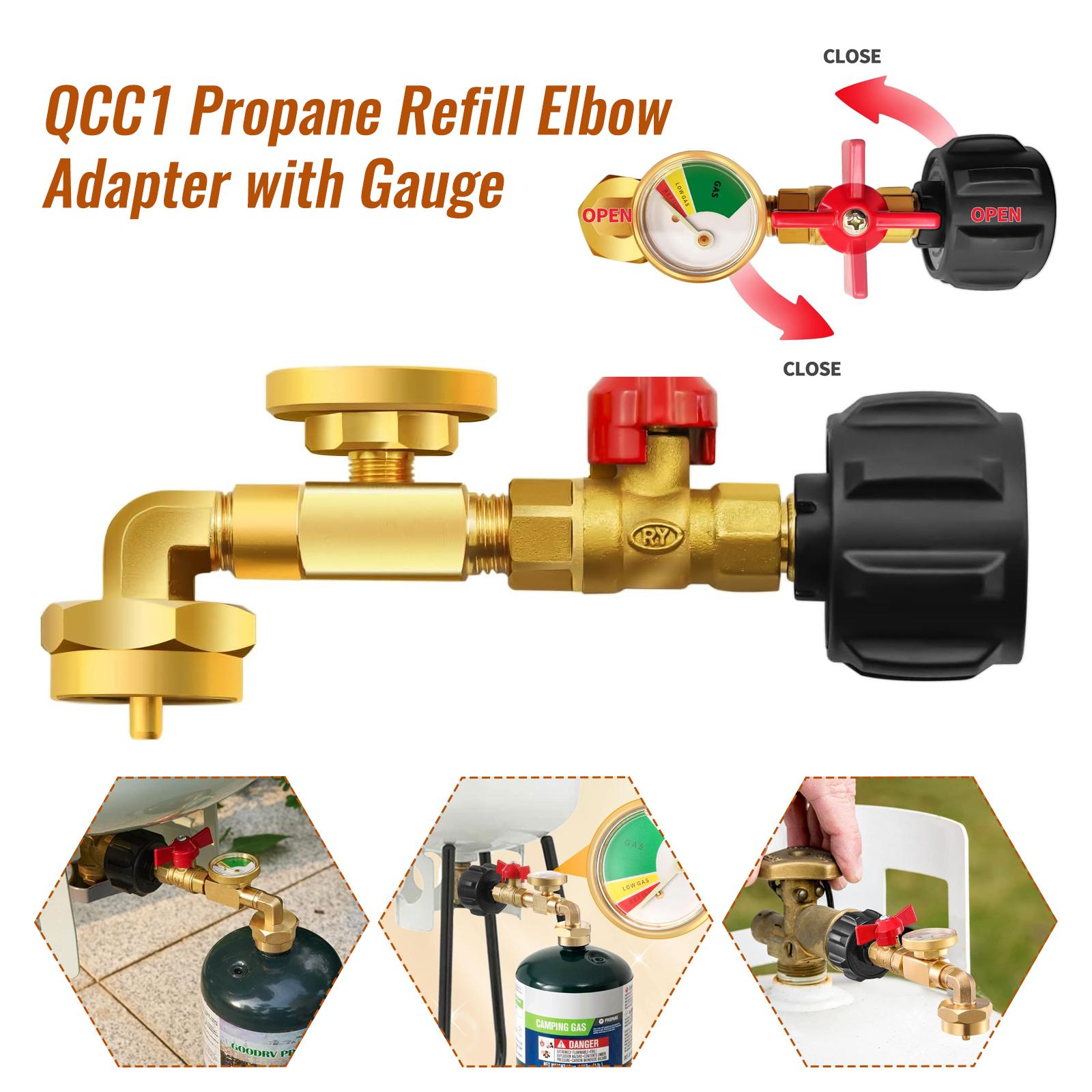 Propane Refill Adapter for 1 LB. Tanks with Luminous Gauge, Refillable Propane Cylinder 1 LB, 5-40 LB Tank Filling, 90-Degree Elbow, Metal Hardware for Industrial Use