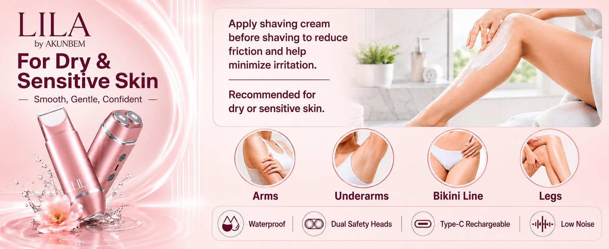 Akunbem 2 in 1 Women's Electric Shaver Dual Head Bikini Trimmer IPX7 Waterproof Wet Dry Use Body Hair Trimmer Facial Hair Remover for Bikini Underarm Leg Arm Body Face