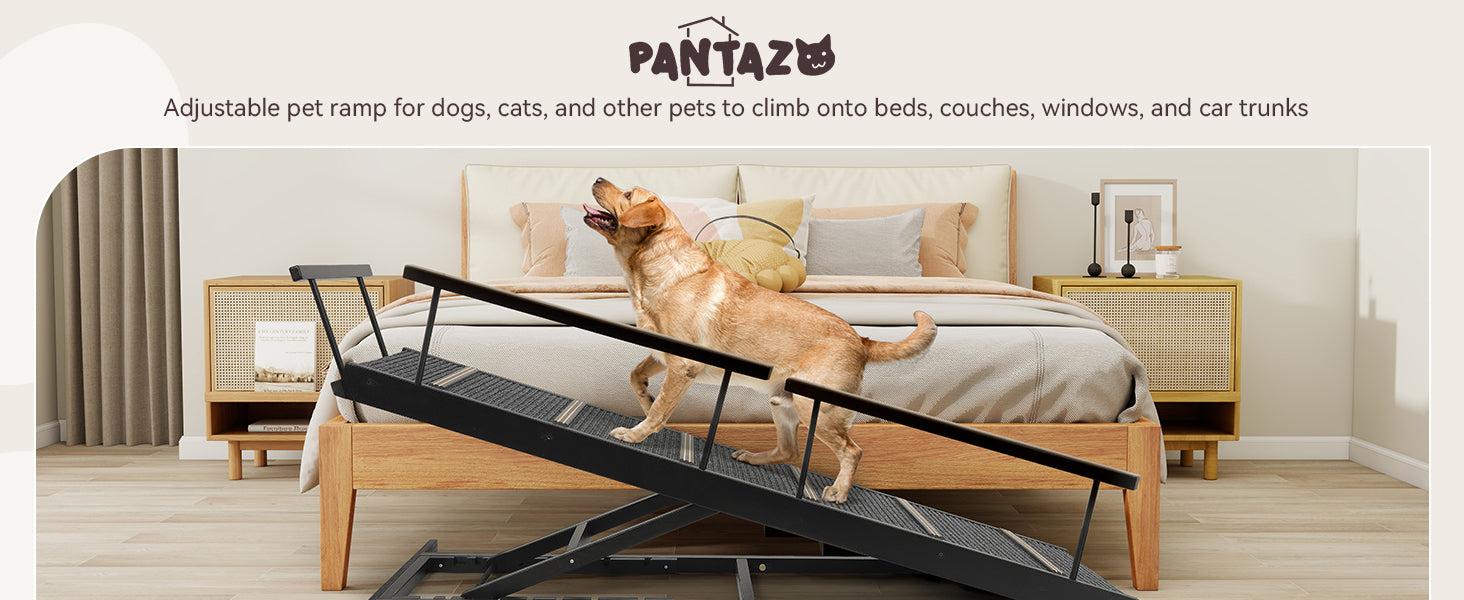 Dog Ramp for Bed, Folding Portable Wooden Dog & Cat Ramps for Couch or Bed, Including Non Slip Mat & Safety Side Rails, 64.2 Inch Long and Height Adjustable from 13.4 Inch to 38 Inch Up to 110 Lbs PA923
