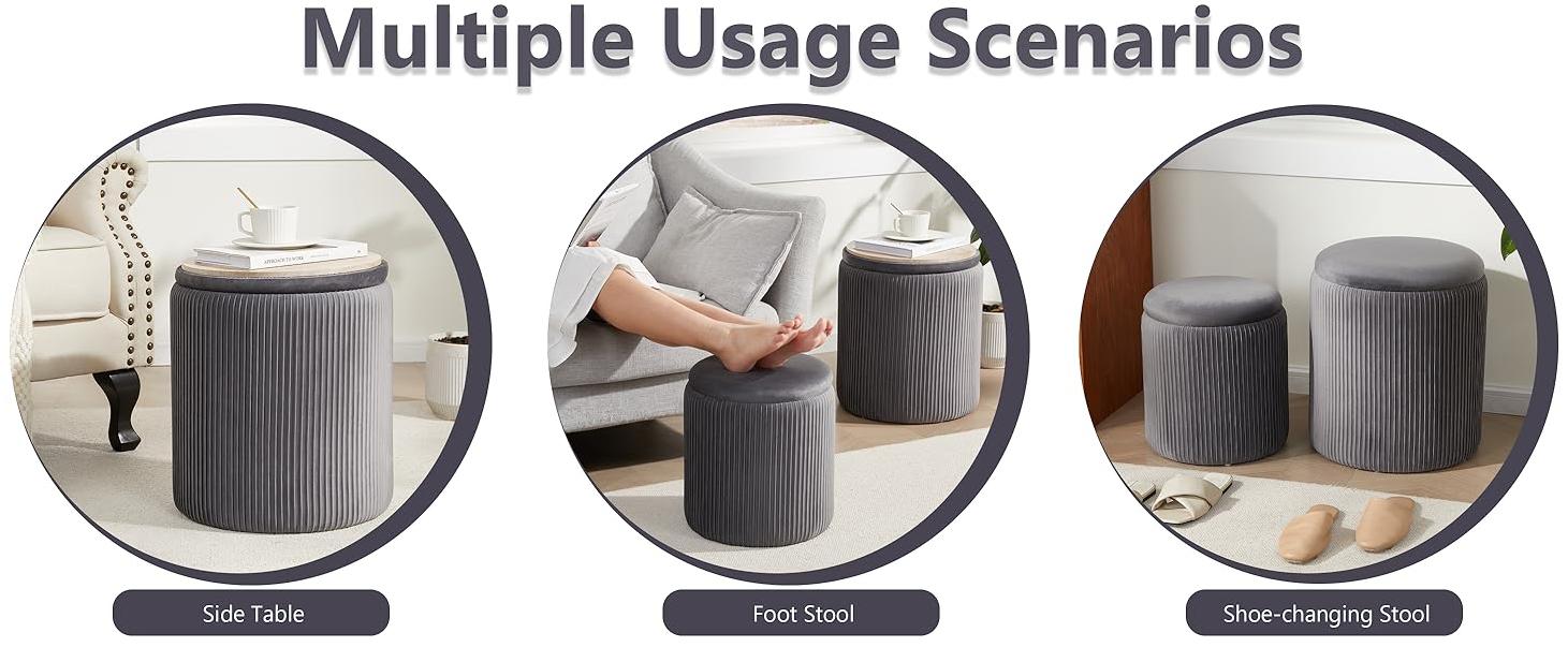 Tekinor Round Ottoman with Storage Set of 2, Vanity Stool with Storage for Bedroom, Ottoman Coffee Table,Small Velvet Foot Stool for Living Room, White