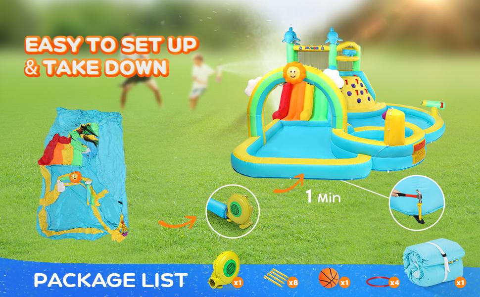 JOYMOR Inflatable Water Slide Bounce House w/Water Bucket, Climbing Wall, Pool, Rainbow Sprinklers, 1min Blow Up Water Slide 10-in-1 for Kids w/Strong Blower, Carrying Bag