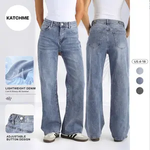 Katch Me Chic Women's High Waist Multi-Pocket Adjustable Button Wide Leg Jeans, Stretchy Soft Pants, Durable Denim Trousers for Daily Wear, Simple Style Wrinkle-Resistant Bottom, Casual Streetwear