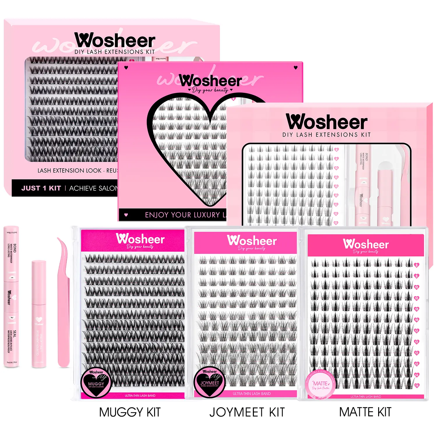 Wosheer Muggy Kit Free Shipping US STOCKING Cat Eye DIY Lash Cluster Kit Lash Bond&Seal Remover Lash Tweezer for DIY Eyelash Extension at Home For Girl Make up Makeup Cosmetic Eyelashes Extensions