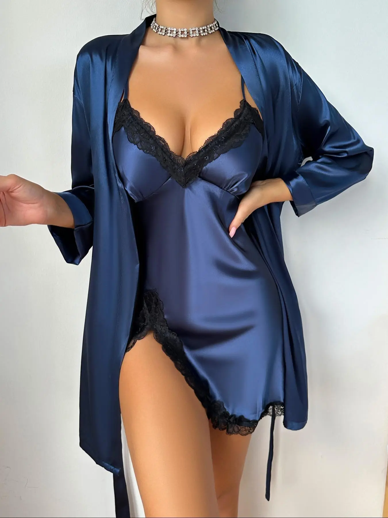 Two-piece Set Women's Solid Belted Satin Robe & Contrast Lace Split Thigh Fitted Cami Nightdress, Elegant Comfy Drop Shoulder Long Sleeve Robe & Cami Nightdress Pj Set, Lady Women's Sleepwear & Loungewear Nightgown Sleepwear for Spring & Fall Womenswear