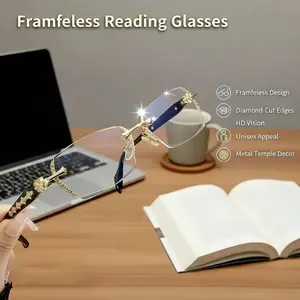 Luxury Frameless Transparent Reading Glasses with Diamond Cut Edges & Stylish Metal Temple Decorations for Reading Computer Games & High-Definition Street Style Visuals Clear Daily