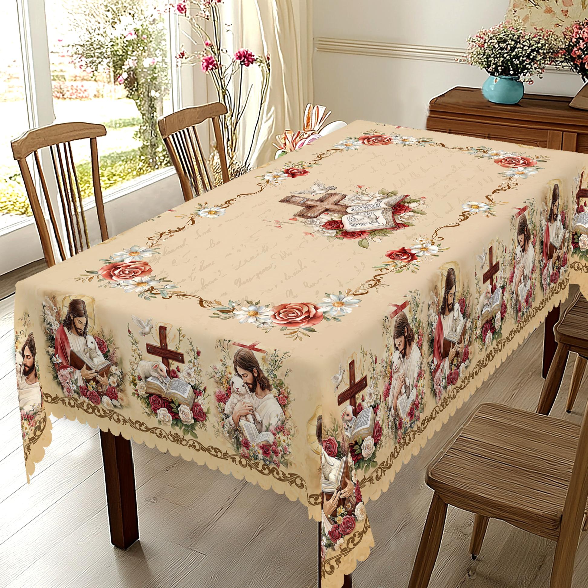 XEXSIN He is Risen Easter Tablecloth Party Decorations, Spring Floral Easter Cross Bible Tablecloth Rectangle/Round for Holiday Spring Farmhouse Kitchen Dining Table Decorations Indoor Outdoor