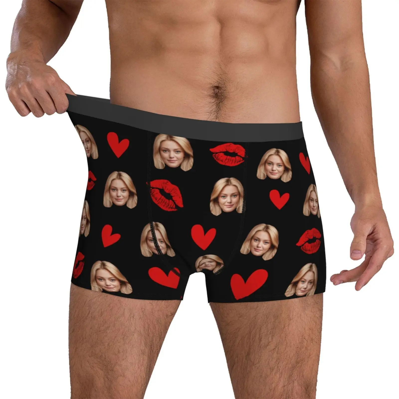 BARLEY ONE Custom Photo Face Boxer Briefs For Men, Personalized Funny Underwear With Red Lips & Love Heart Pattern, Customized Picture Boxers Unique Birthday Valentine’s Day Gift For Him Summerwins Deals for You Days