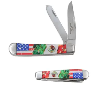 Old Ram Mexico & American Flag Two Blade Folding Pocket Knife, 3.25" Mirror Polish Steel Blade 4" Closed Gifts for Dad OR-5318