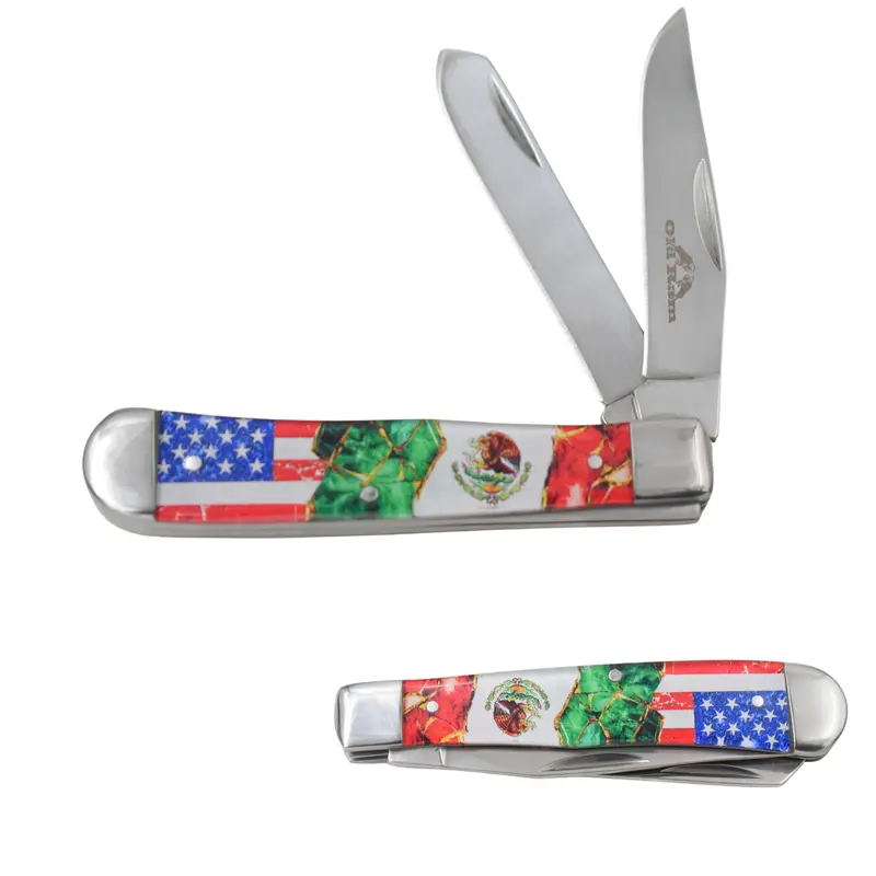 Old Ram Flag Pattern Foldable Camping Knife - 2-Blade Compact Pocket Knife, 3.25in Mirror Polish Steel Blade, 4in Closed, 7.25in Total Length, Acrylic-Accented Unisex All Ages Outdoor Gear for Carving, Peeling, Dad Gifts OR-5318