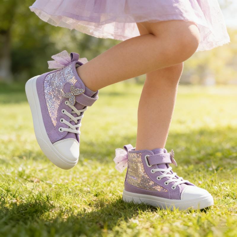 Toddler Sneakers for Girls Boys Canvas High Top Kids Fashion Sparkle Sequins Bow Shoes Running Walking Casual Shoes with Cute Sparkling Butterfly Design