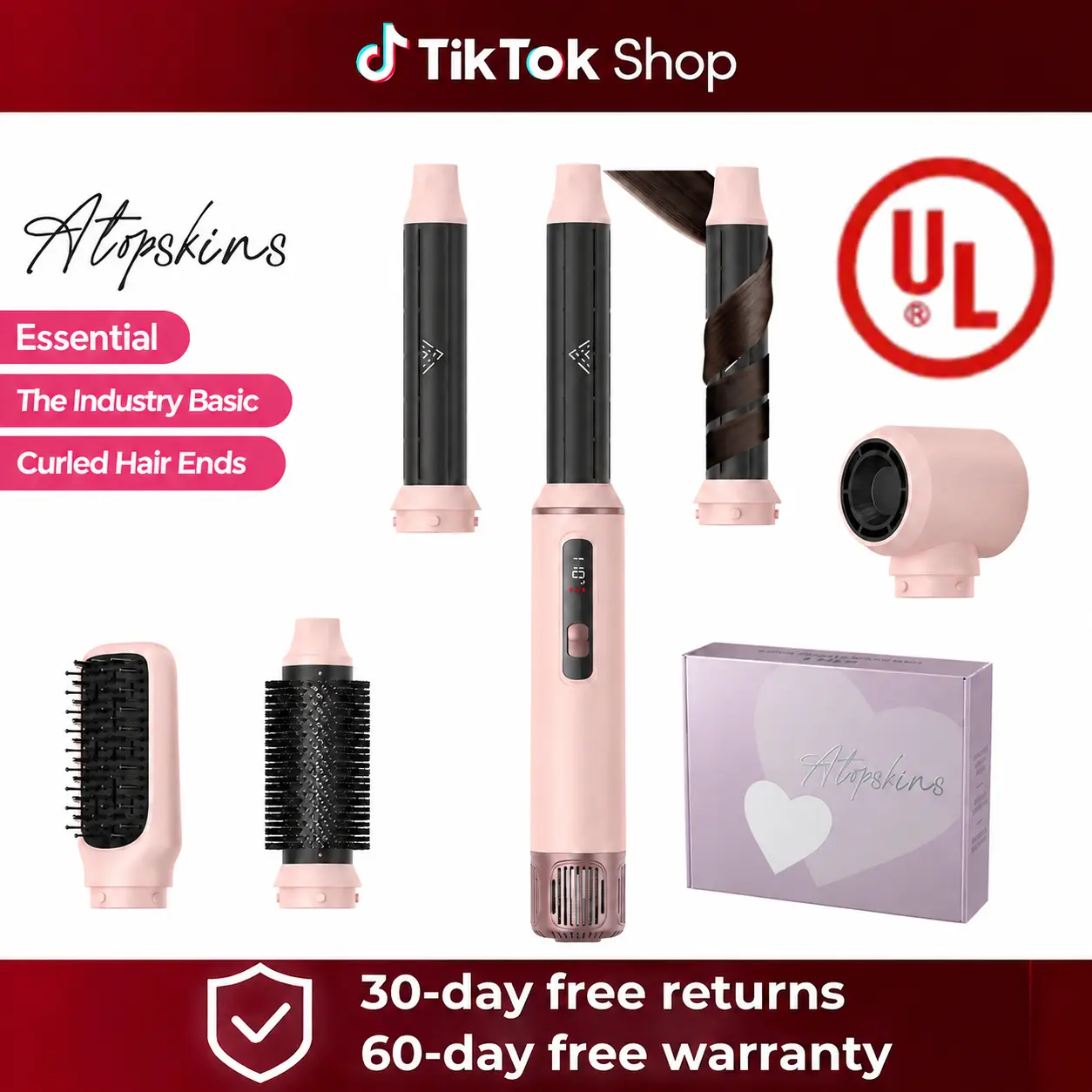 ATOPSKINS 5-in-1 Air Styler LiteStyle Salon hairstyle : non-aggressive styling & Ultra-Lightweight(The attachments are made of plastic),ZeroHeat Damage (230°F) for Non-Aggressive Styling