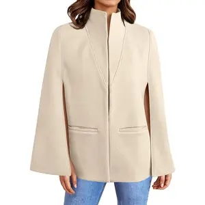 Cicy Bell Women's Cape Pea Coat Work Casual Split Long Sleeve Coat Stand Collar Open Front Fall jacket Womenswear Clothes Outerwear