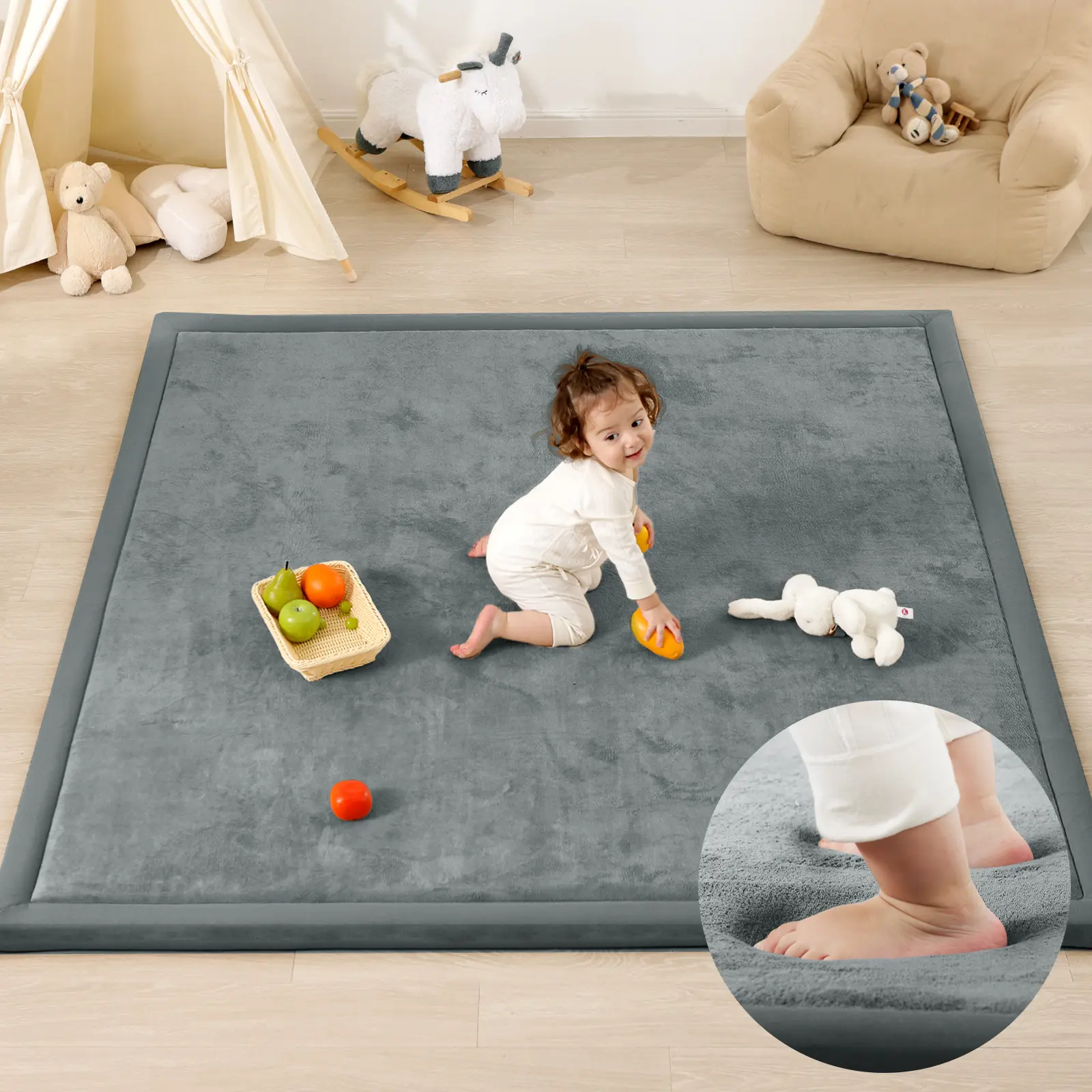 PaPaMat Baby Play Mat for Floor, 1.5" Thick Upgrade Flannel/Coral Fleece Memory Foam Nursery Rug, 79''×59''Extra Soft Non-Slip Crawling Mat for Infants & Toddlers