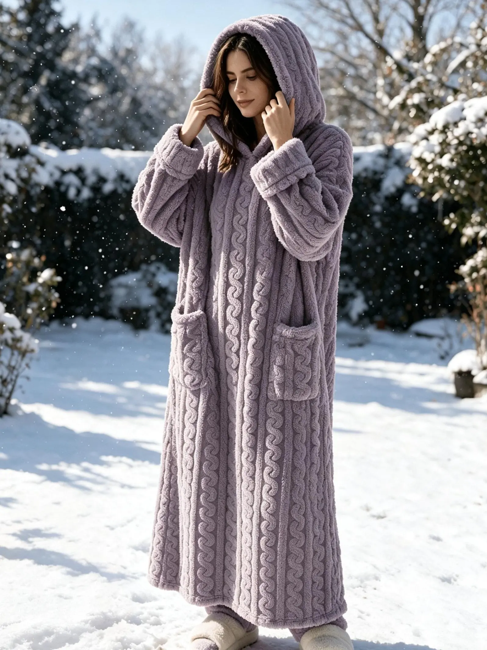 Women’s Plus Size Clothes Tie-Dye Purple Cable-Knit Hooded Long Robe - Thick Flannel Loose Plush Home Wear Dressing Gown for Autumn/Winter Sleep