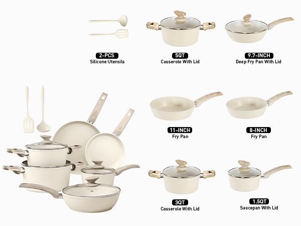 【Christams Gift】 Kitchen Academy Granite Pots and Pans Set Non Stick 12 Piece Cast Induction Cookware Set Beige Nonstick Kitchen Cooking Set w Frying Pans Saucepans PFOS PFOA PFAS PTFE Free Silicone Steel Steel Aluminium Glass Glass Lid Stove Stove