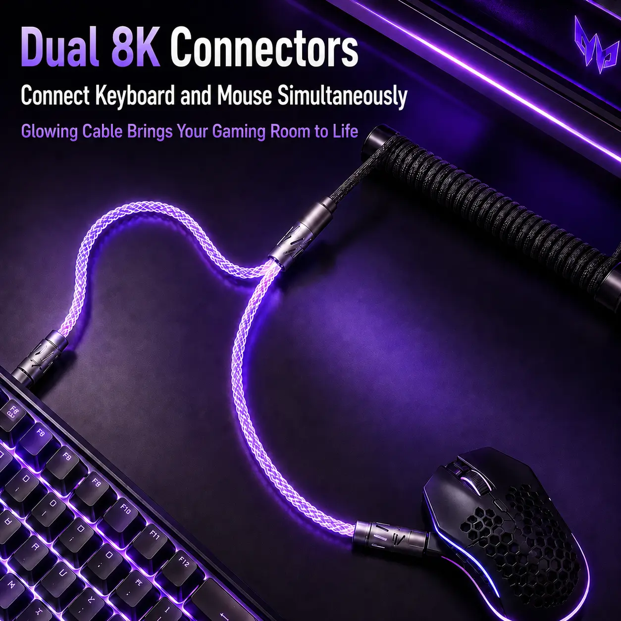 Dual 8K USB-C Coiled Aviator Cable, 1-to-2 Detachable Braided Glowing Cable for Mechanical Keyboard and Gaming Mouse, High-Speed Fast Response Gaming Desk Setup Accessory